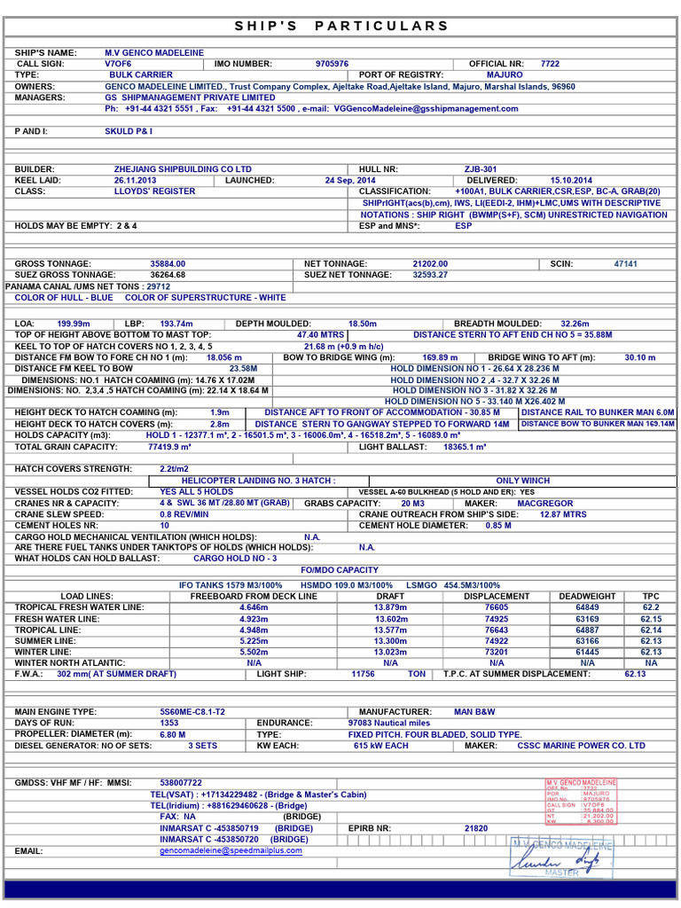 Genco Madeleine Bulk Carrier Specifications | PDF | Tonnage | Ships