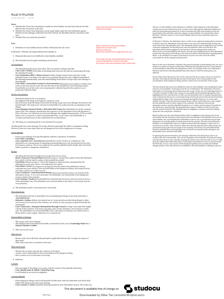 Strict Liability Under Rylands v Fletcher | PDF | Legal Liability ...