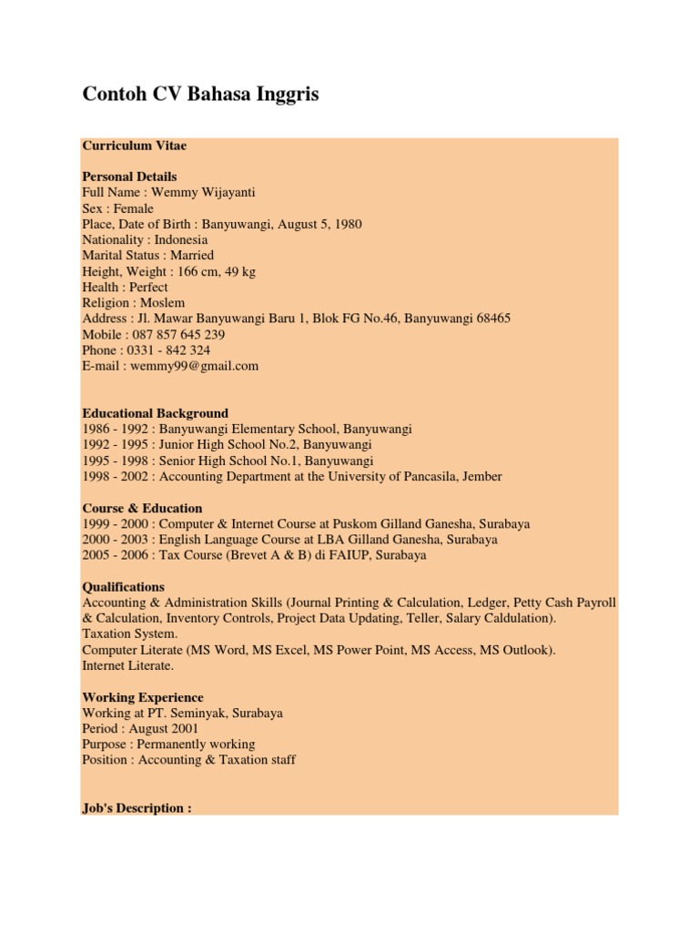 Contoh CV Bahasa Inggris | PDF | Invoice | Accounting