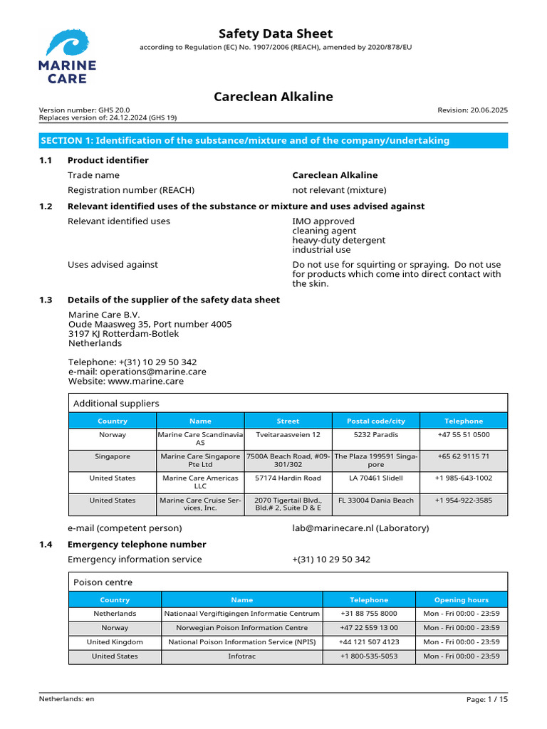 Careclean Alkaline Safety Data Sheet | PDF | Dangerous Goods | Toxicity
