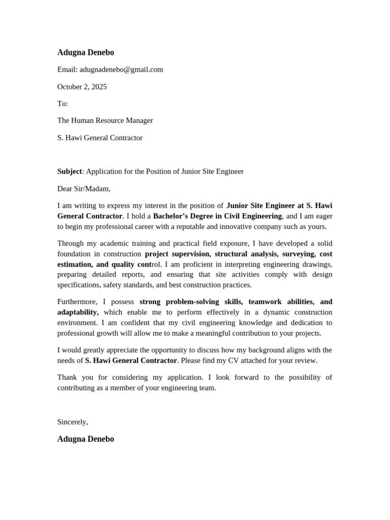 Junior Site Engineer Application Letter | PDF