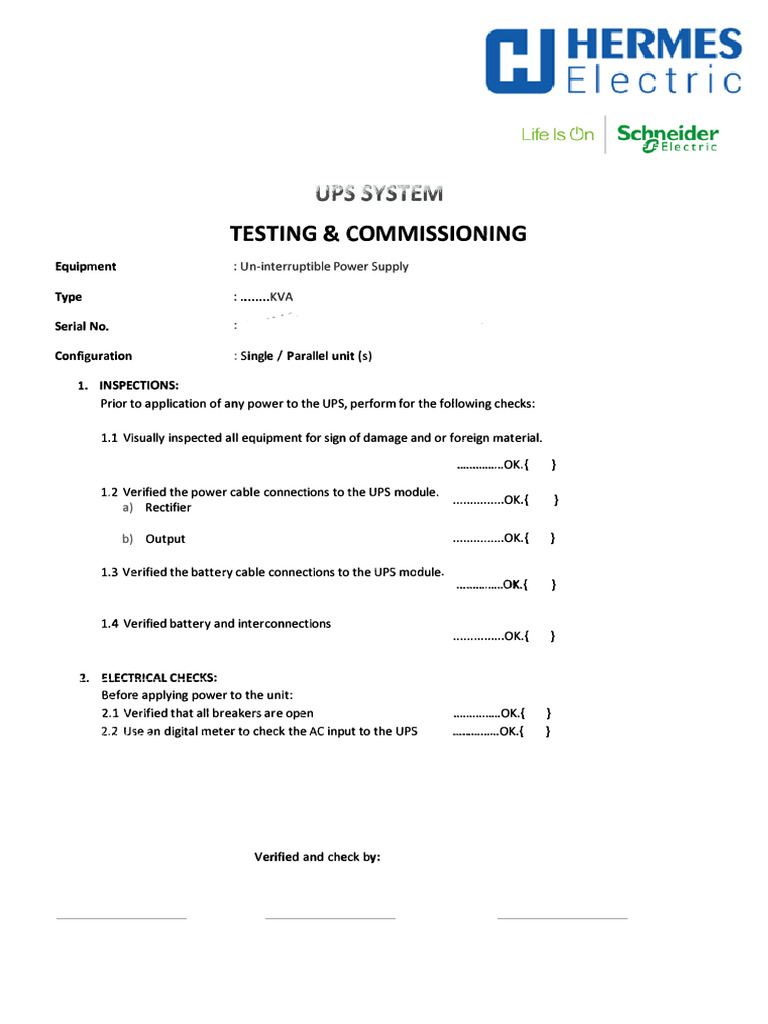 UPS Testing and Commissioning Checklist | PDF | Electrical Engineering ...