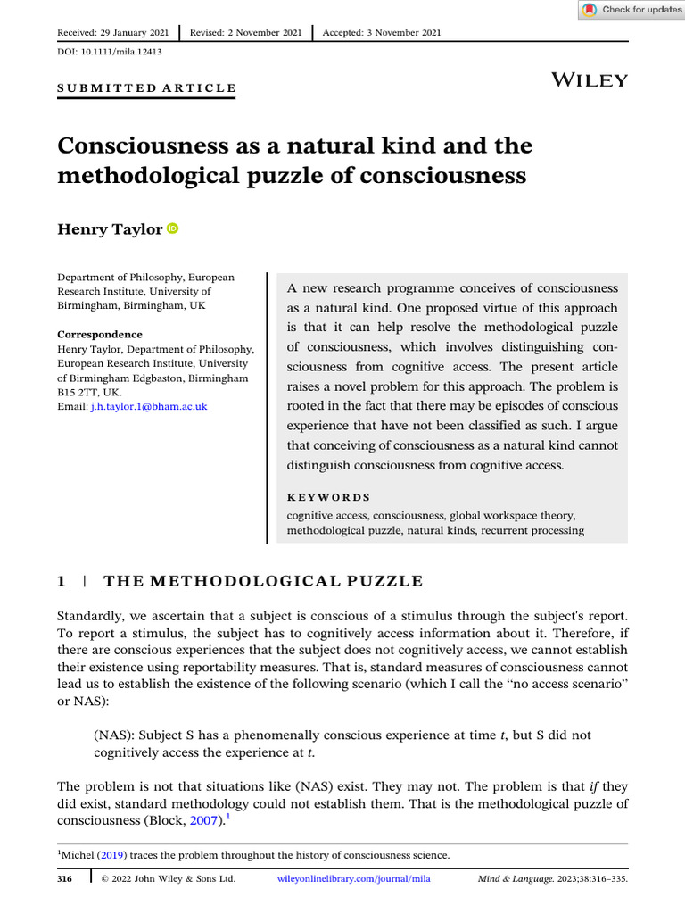 Mind Language - 2022 - Taylor - Consciousness As A Natural Kind and The ...