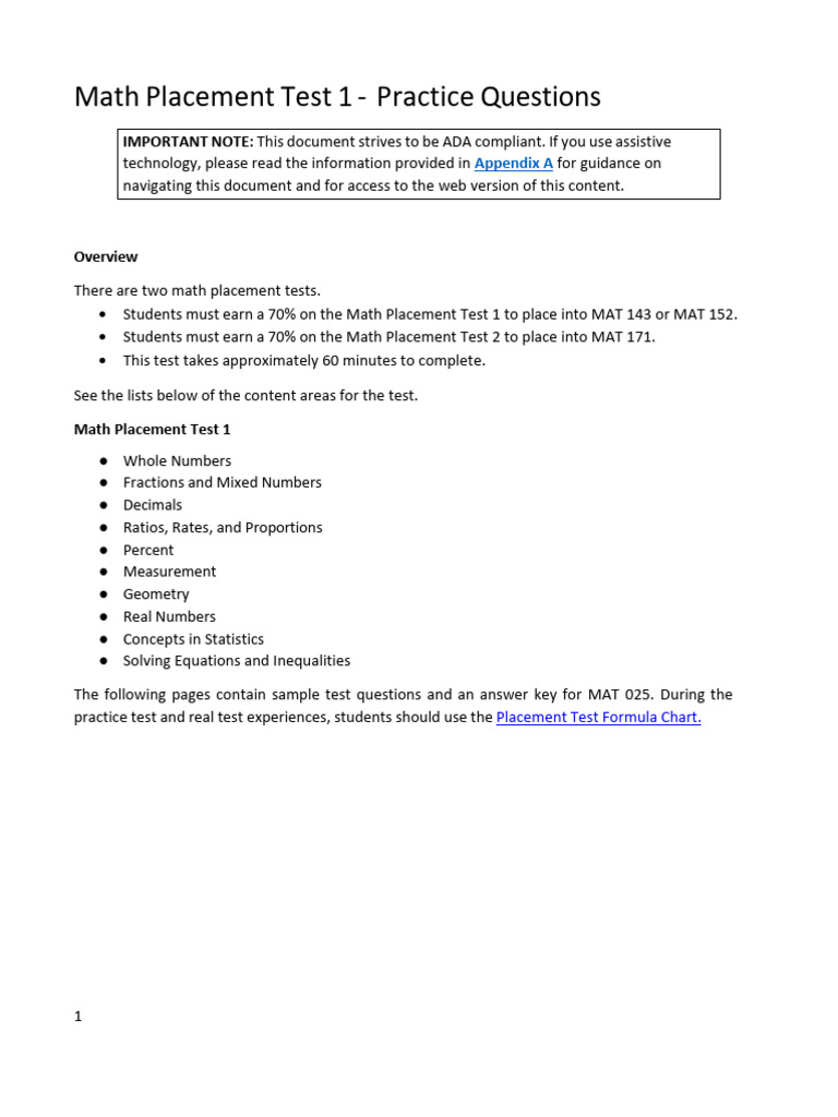 Math Placement Test 1 Prep Practice Test Questions | PDF | Polynomial ...