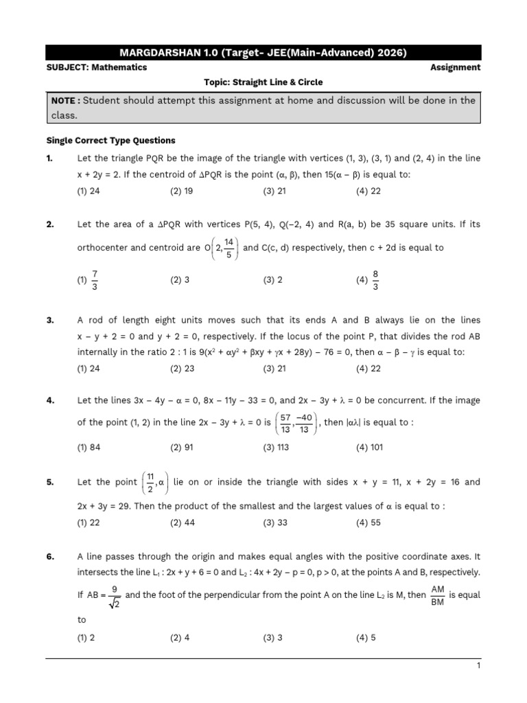 JEE 2026 Mathematics: Lines & Circles Assignment | PDF | Perpendicular ...