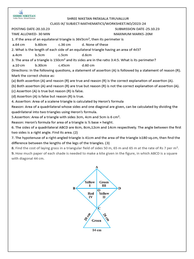Class IX Math Worksheet on Triangles | PDF | Area | Elementary Geometry