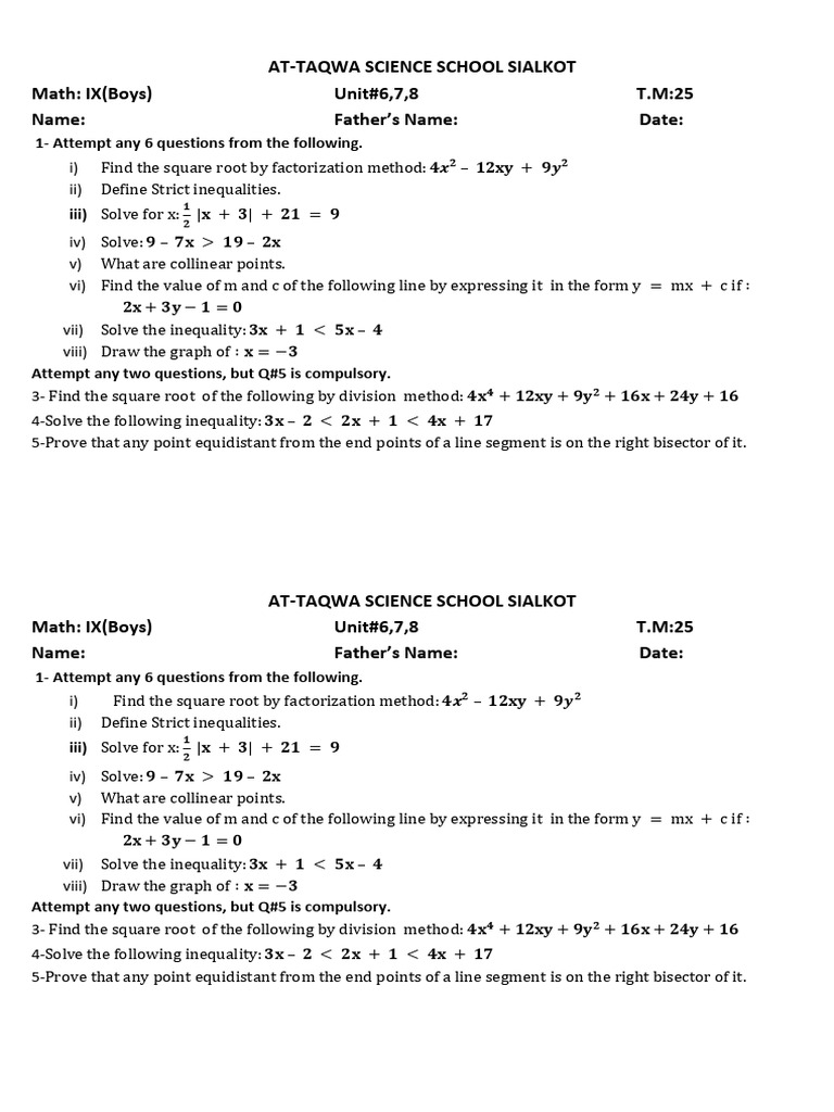 9th Math Monthly Test#2 | PDF