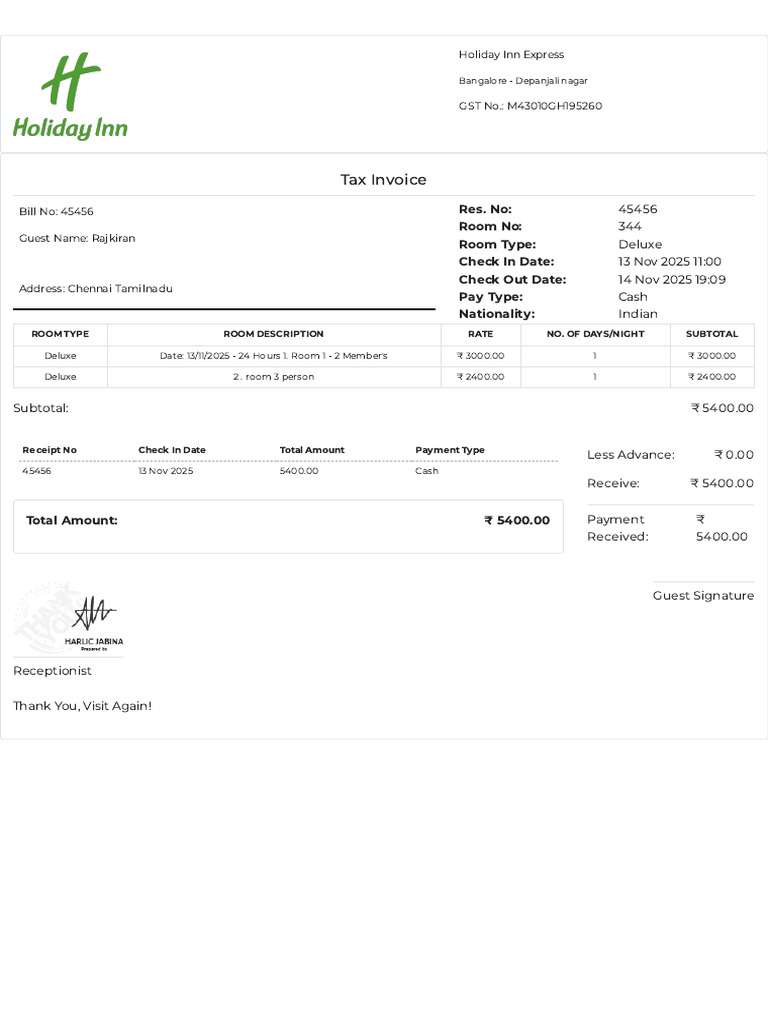 Deluxe Room Tax Invoice - Holiday Inn | PDF | Payments | Taxes