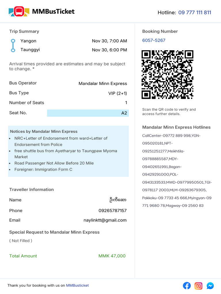 Mandalar Minn Express Bus Booking Details | PDF