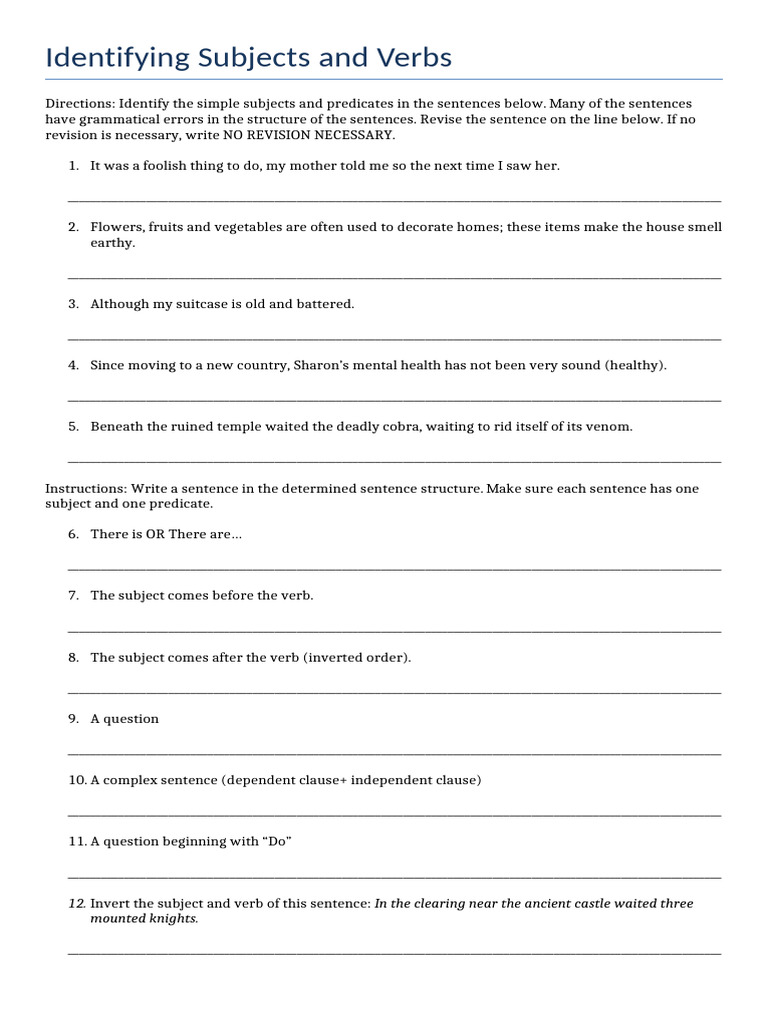 Identify Subjects and Verbs Exercise | PDF | Subject (Grammar ...