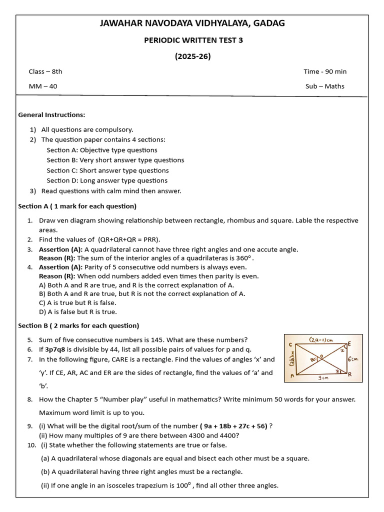 Class 8 Maths Test Paper 2025-26 | PDF | Elementary Geometry ...