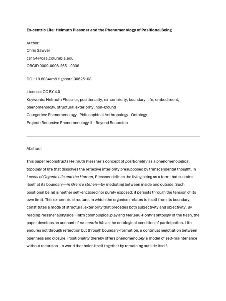 Plessner's Ex-Centric Positionality Explained | PDF | Phenomenology ...
