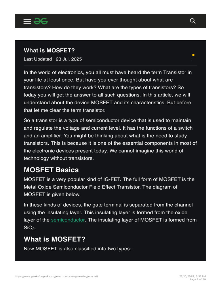 Understanding MOSFET: Types and Functions | PDF | Field Effect ...