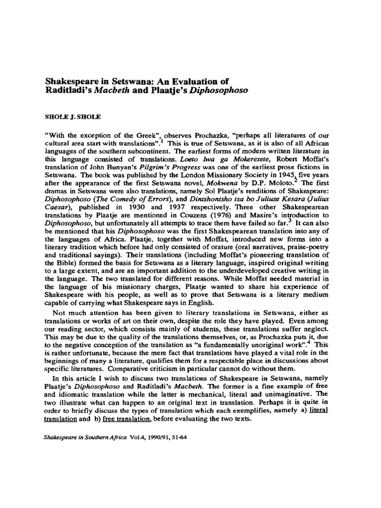 Shole 1990 Shakespeare in Setswana An Evaluation of Ratitladi S Macbeth ...