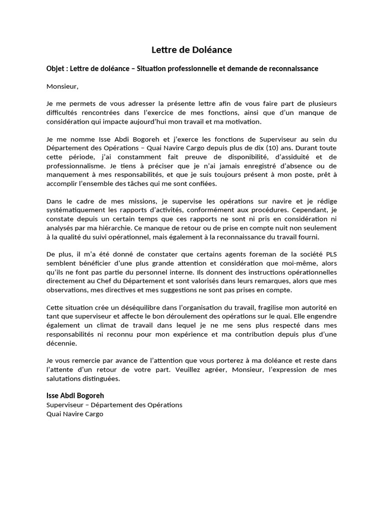 Doléance d'un Superviseur en Opérations | PDF