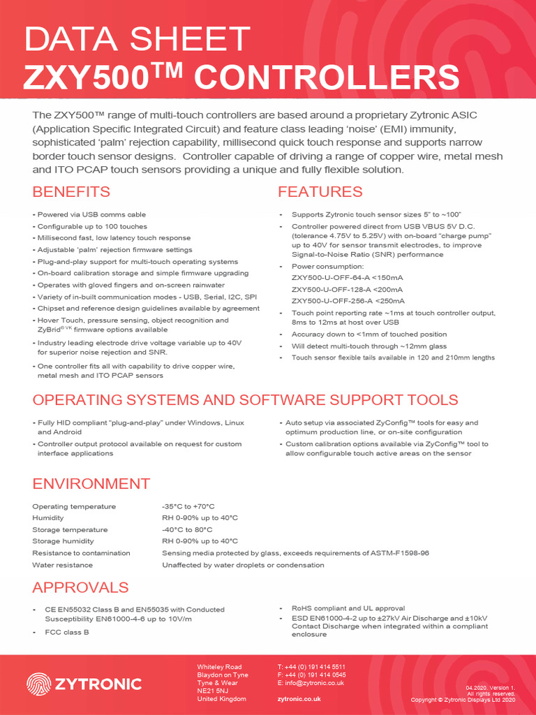 ZXY500™ Multi-Touch Controller Data Sheet | PDF | Usb | Electrical ...