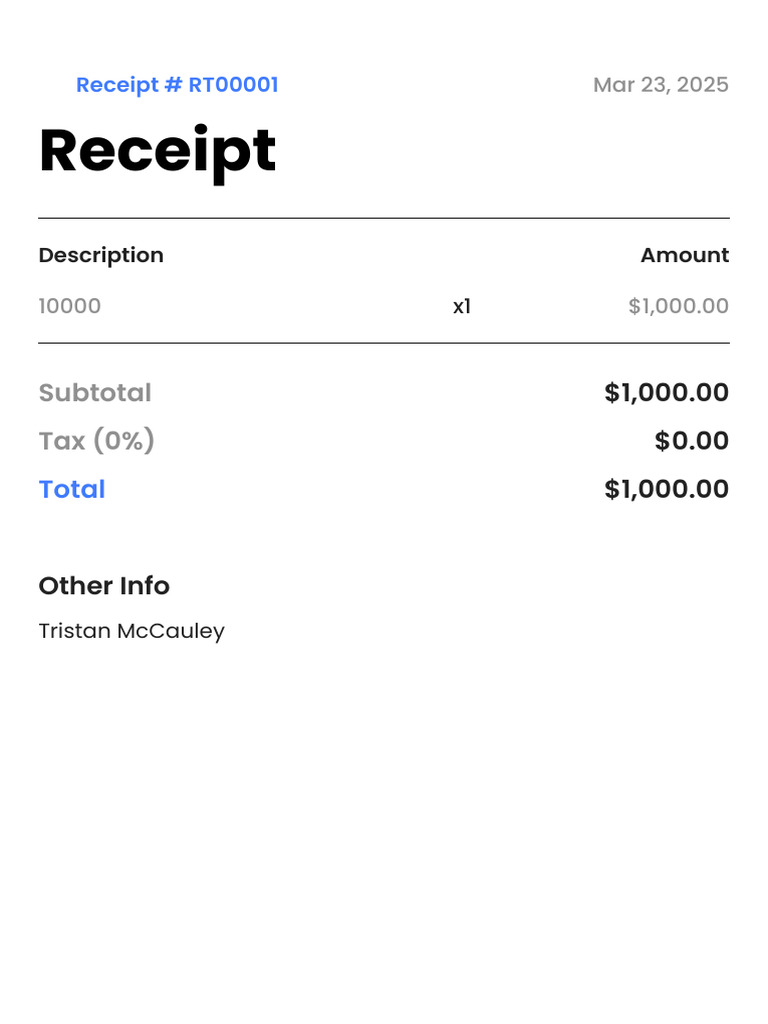 Receipt: Subtotal $1,000.00 Tax (0%) $0.00 $1,000.00 Other Info | PDF