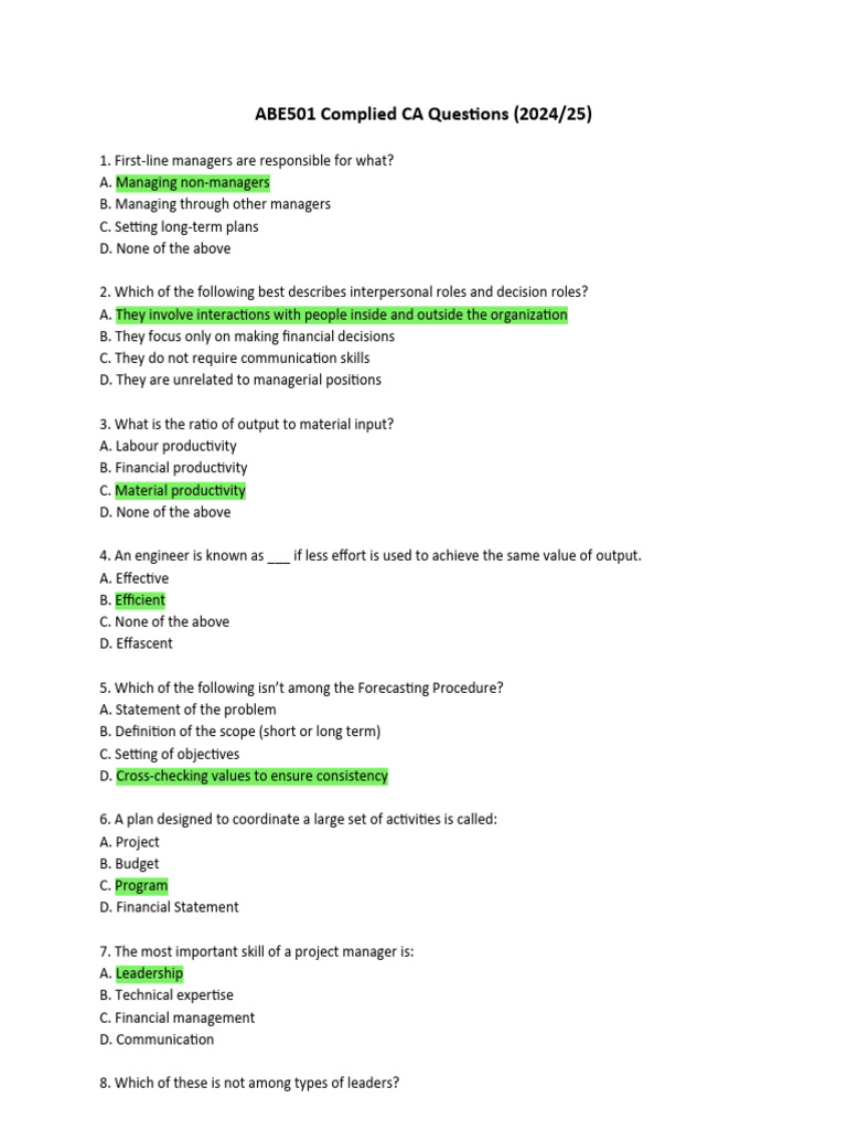 CA Management Questions 2024/25 | PDF | Marketing | Workforce Productivity