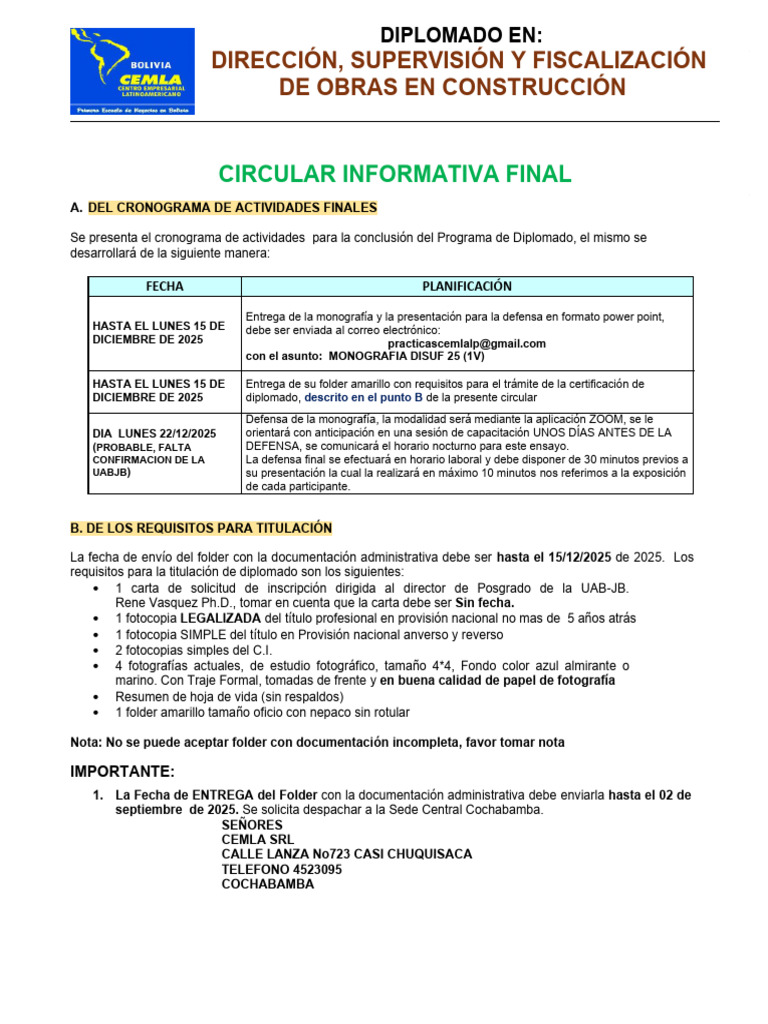 Cronograma y requisitos para diplomado 2025 | PDF
