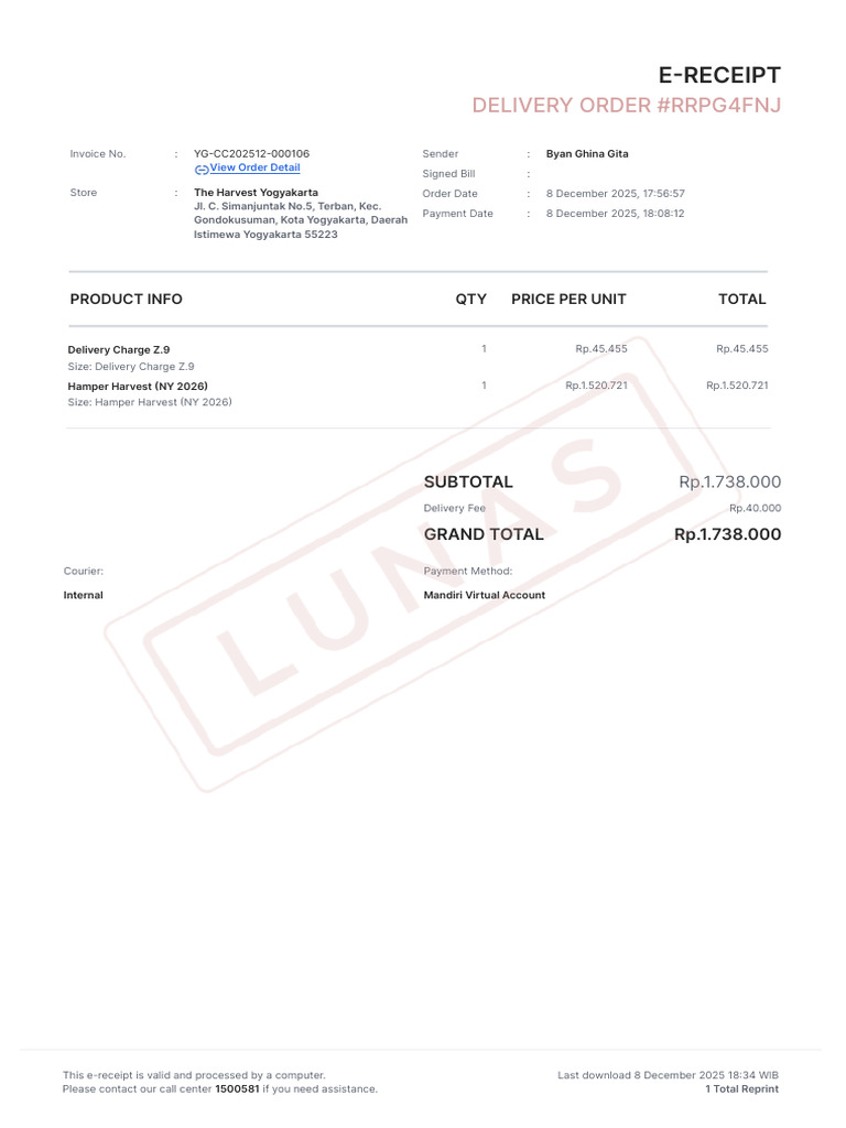 Harvest Yogyakarta Order Receipt RRPG4FNJ | PDF