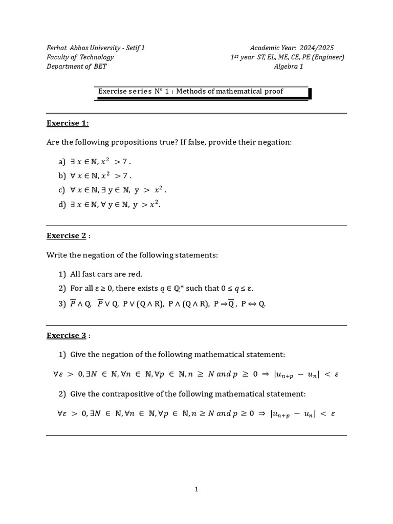 Algebra 1 Exercises and Proof Methods | PDF