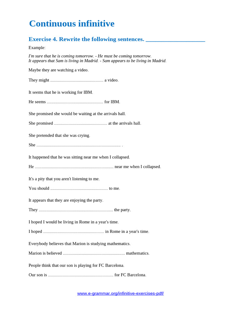 Continuous Infinitive Exercise Answers | PDF