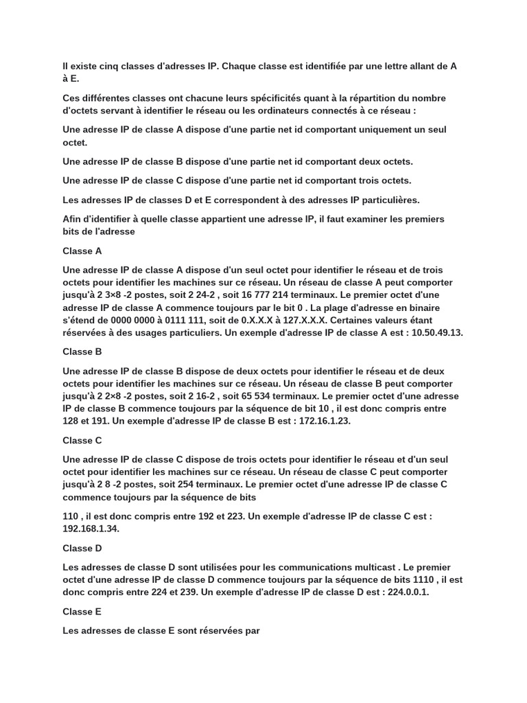 Classes d'adresses IP : A à E expliquées | PDF | Adresse IP ...