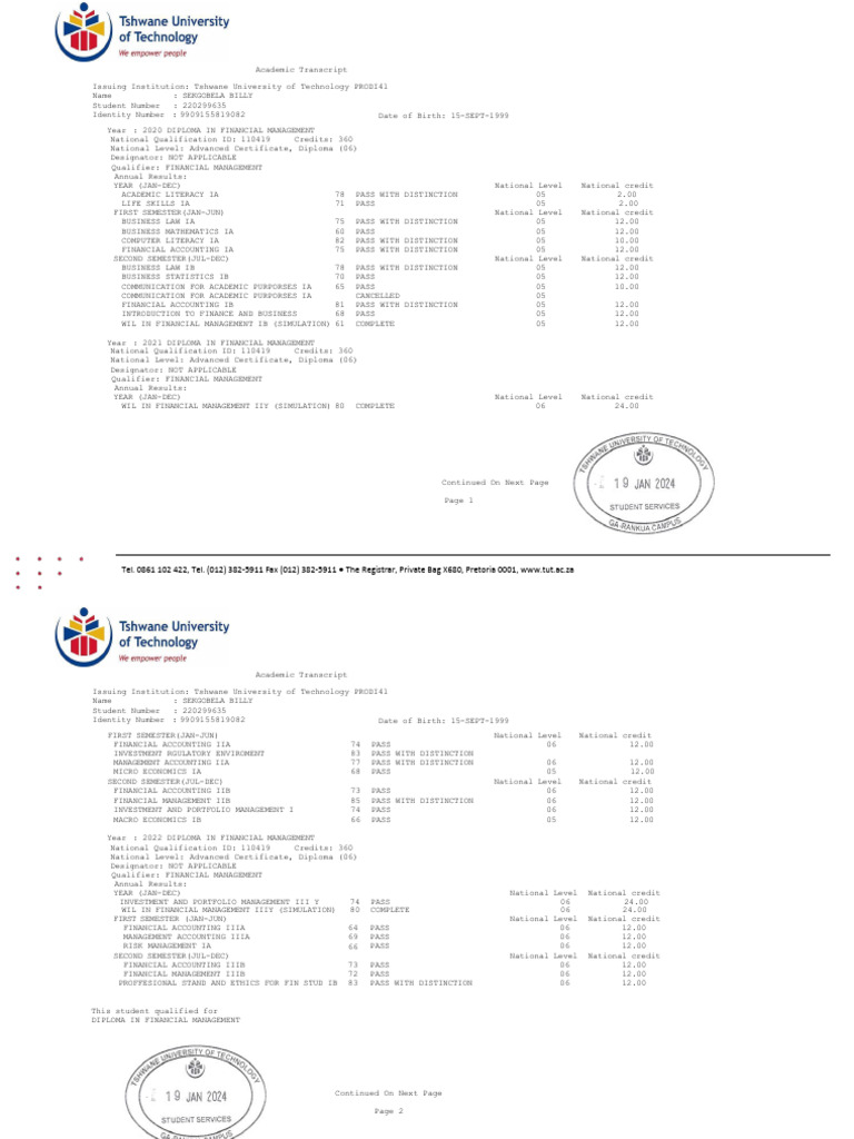 Academic Transcript: Financial Management | PDF | Diploma | Qualifications