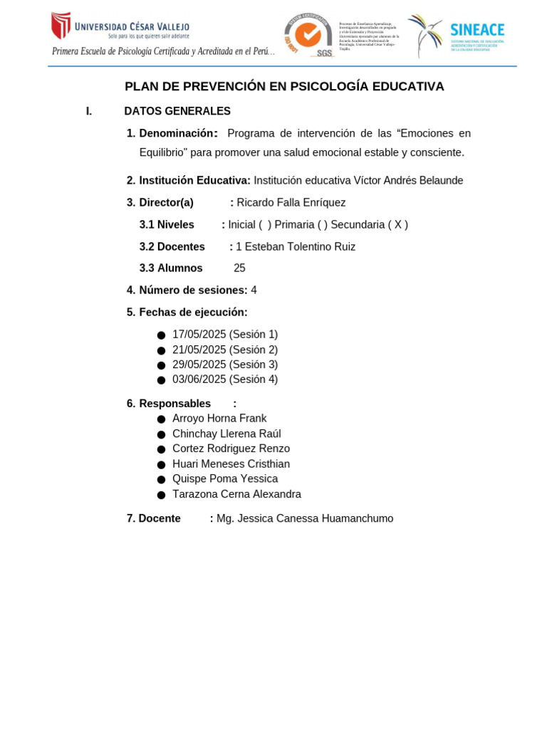 Plan de Intervención Emocional Escolar | PDF | Las emociones | Sicología