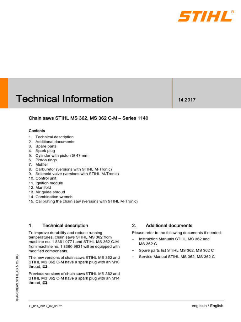 STIHL MS 362 Technical Specifications | PDF | Throttle | Piston