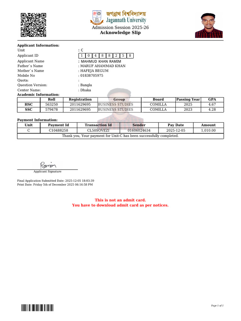Admission Acknowledge Slip 2025-26 | PDF