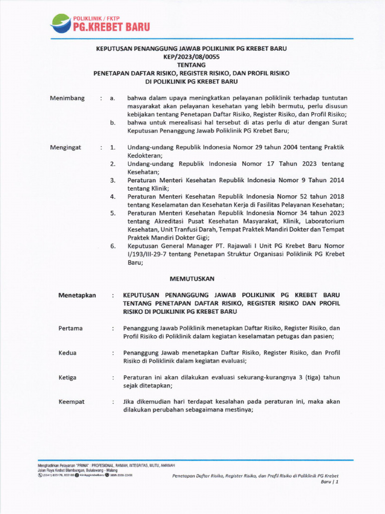 SK Penetapan Daftar Risiko, Register Risko, Profil Risiko | PDF