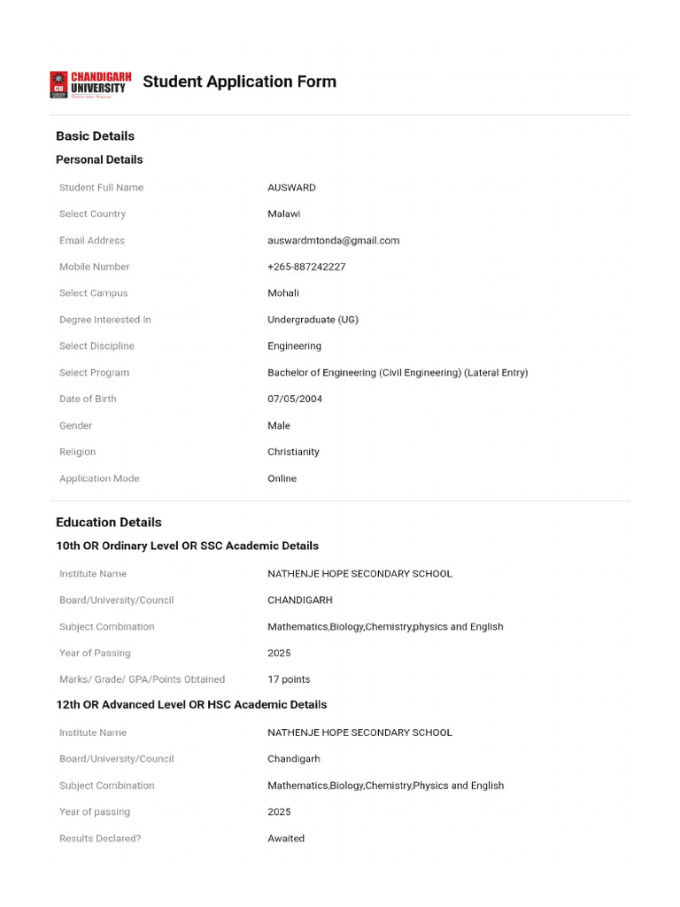 Student Application Form | PDF
