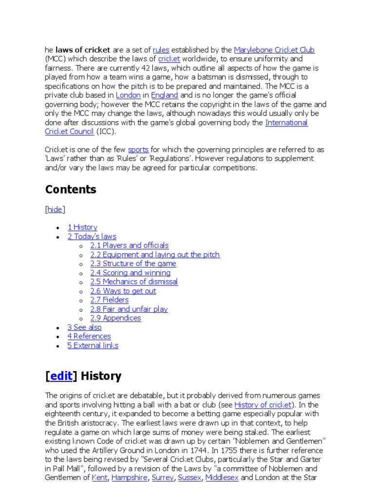 He Laws of Cricket Are A Set of Rules Established by The Marylebone