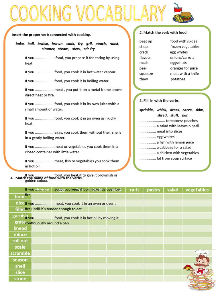 Cooking Verbs and Food Pairings Guide | PDF | Foods | Soup