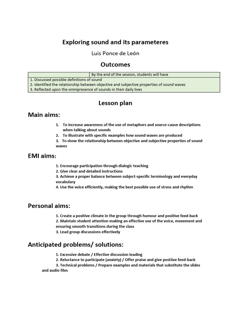 Lesson Plan Exploring Sound and Its Parameters | PDF | Sound | Lesson Plan