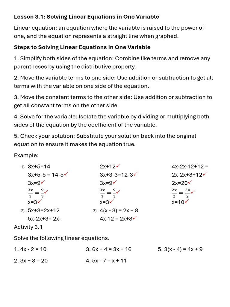 Solving Linear Equations Guide | PDF | Equations | System Of Linear ...
