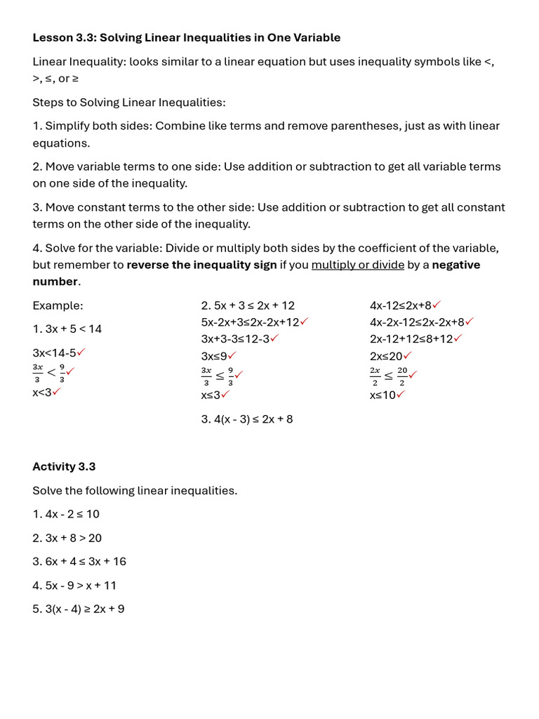 Lesson 3.3-3.5: Linear Inequalities in One Variable | PDF | Inequality ...