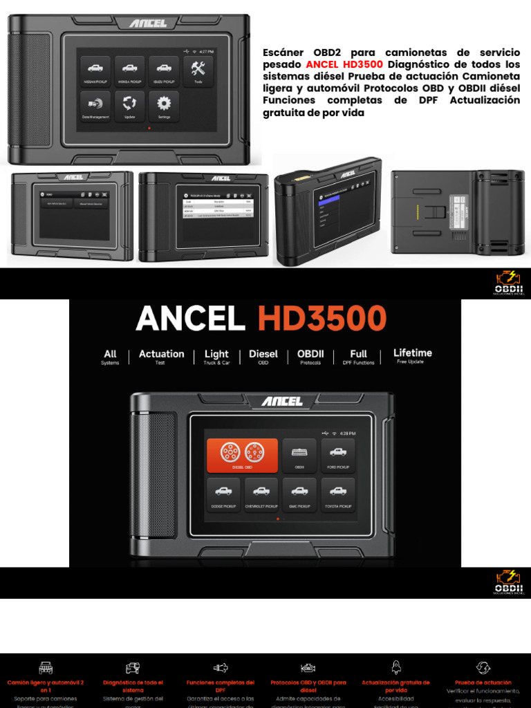 Escáner OBD2 para Camionetas de Servicio Pesado ANCEL HD3500 ...
