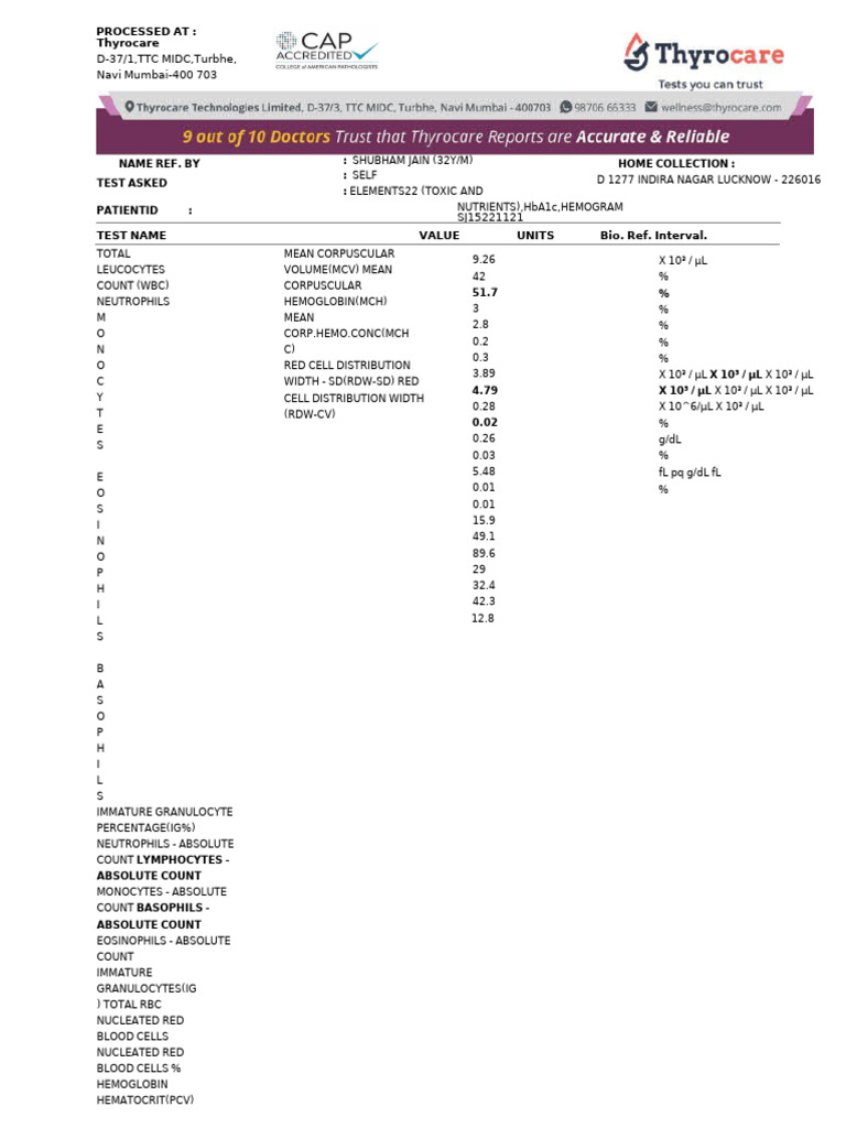 Complete Hemogram Test Results | PDF | White Blood Cell | Body Fluids