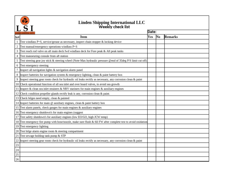 Weekly Shipping Equipment Checklist | PDF