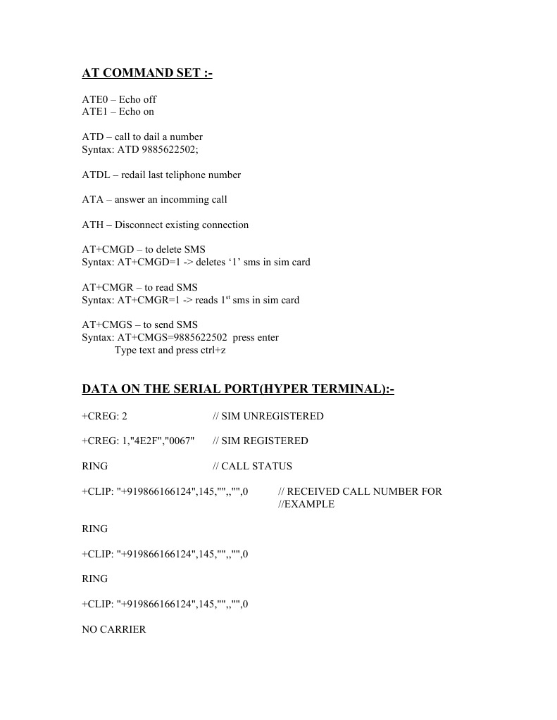 AT Command Set for SMS and Calls | PDF