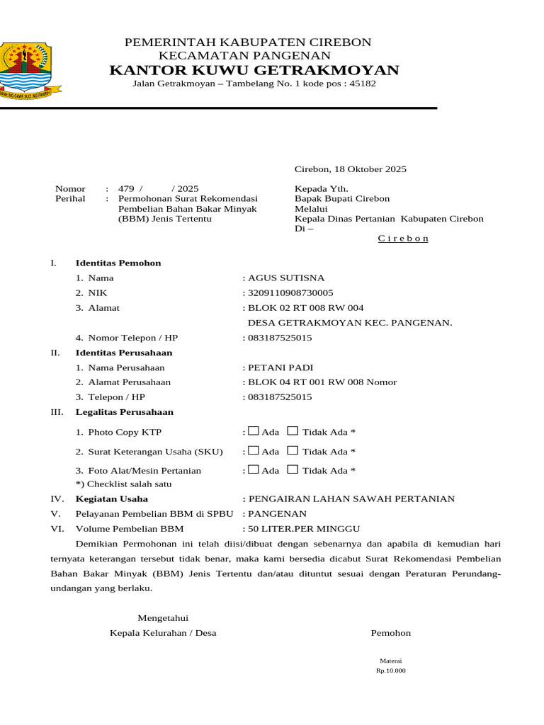 Blangko Rekom Bbm New | PDF