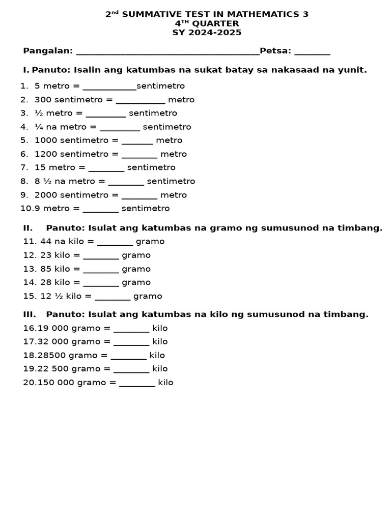 2nd Summative Test in Math 3 | PDF