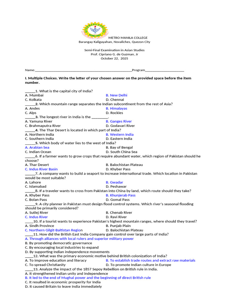 Asian Studies Semi-Final Exam Guide | PDF | Korea | Southeast Asia