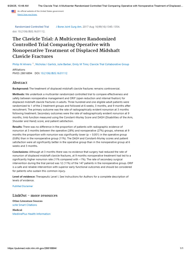The Clavicle Trial - A Multicenter Randomized Controlled Trial ...