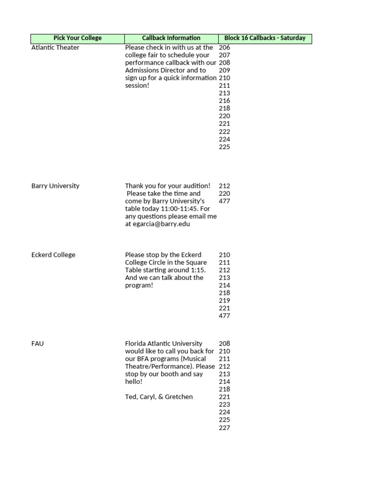 College Callback Information Guide | PDF | Entertainment | Oral Literature