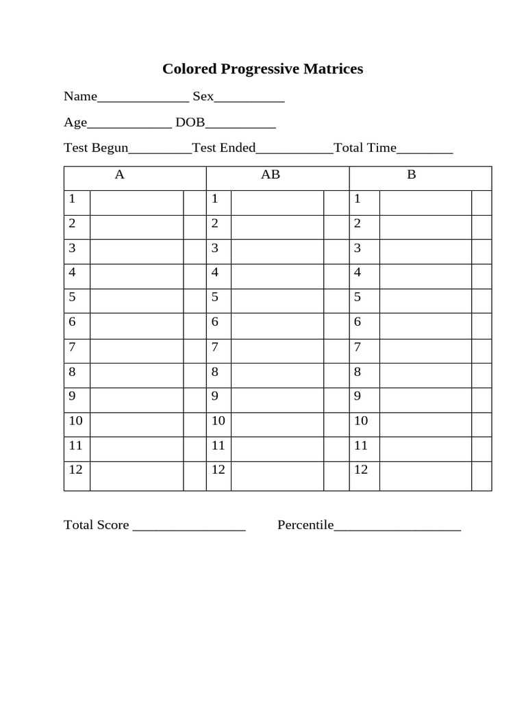 Colored Progressive Matrices Test Score Sheet | PDF