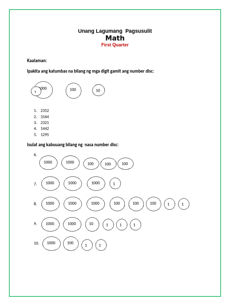 Unang Lagumang Pagsusulit Math | PDF