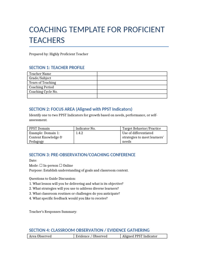 Coaching Template for Teachers | PDF | Teachers | Educational Assessment